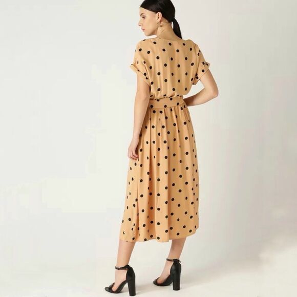 Mango Polka Dot Belted Fit Flare Midi Dress Tan Black Small 4 - Picture 5 of 13
